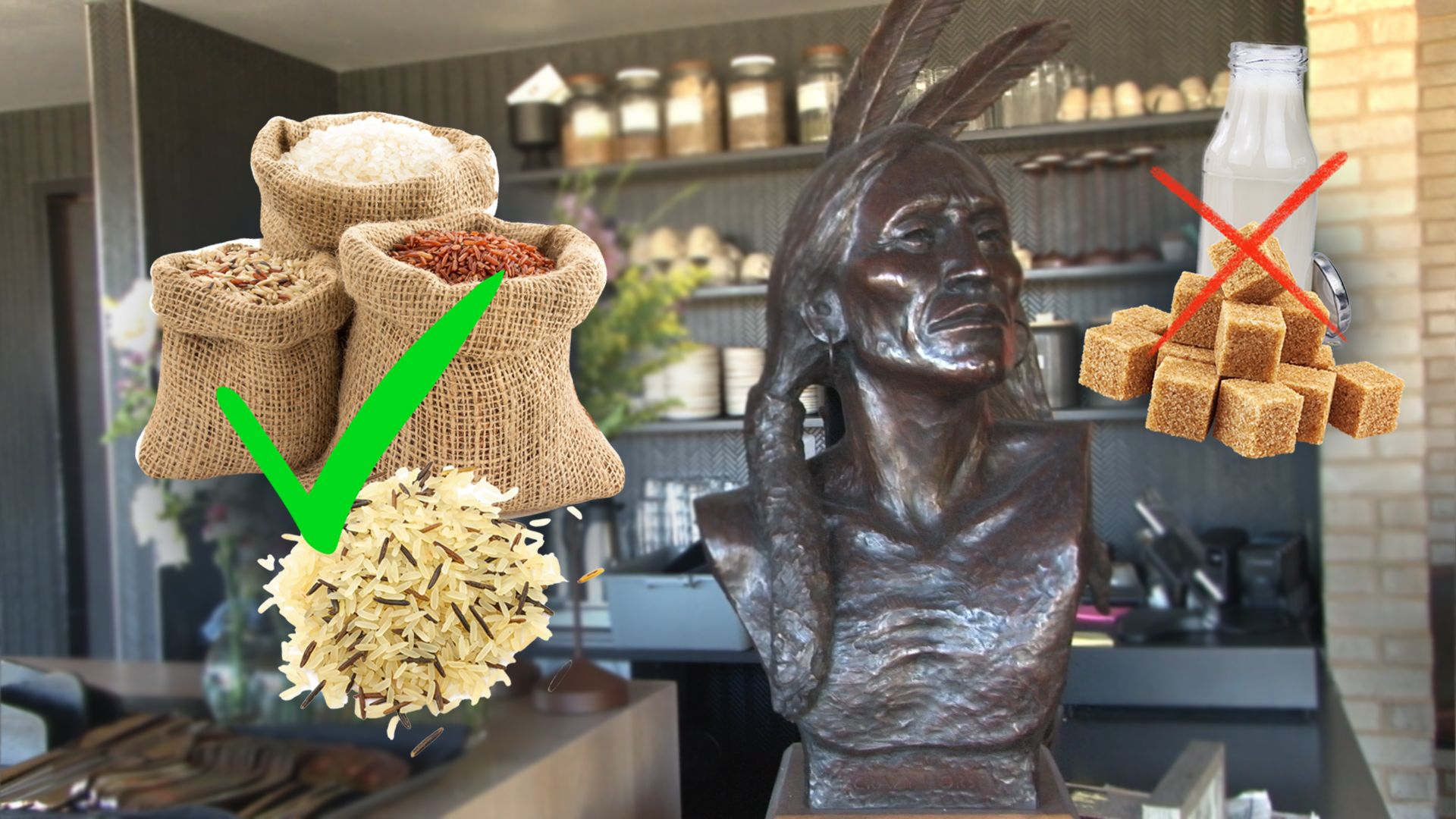 win 57 apk - A bronze bust of an Indigenous American figure sits in a kitchen, overlaid with sacks of rice marked with a green check and milk with sugar cubes crossed out.